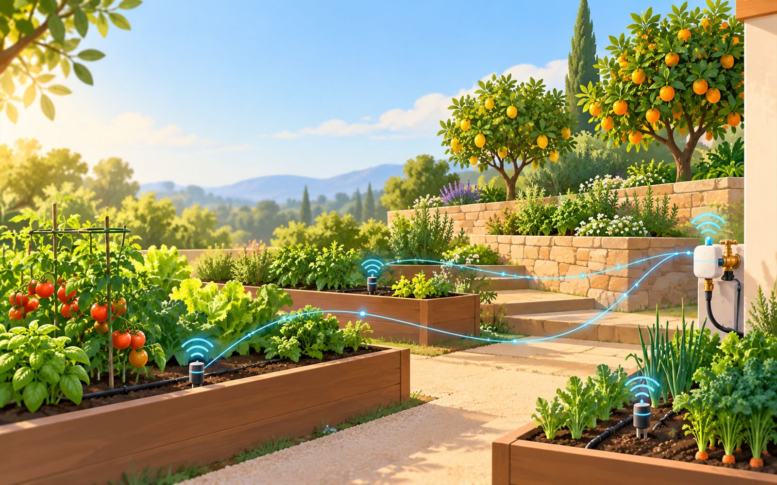 A connected backyard garden: raised vegetable beds and citrus terraces with drip lines and soil sensors